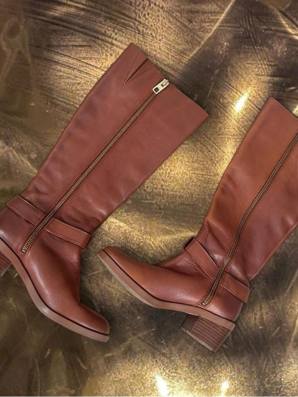 Coach Brown Leather Mid-Calf Heeled Riding Boots with Gold Ring Buckle - Picture 2 of 9